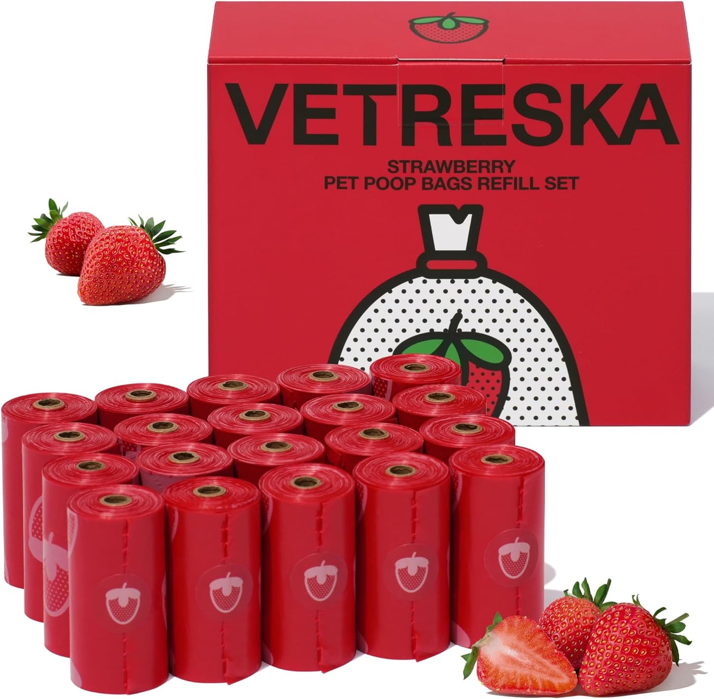 VETRESKA STRAWBERRY PET POOP BAGS 20 ROLLS